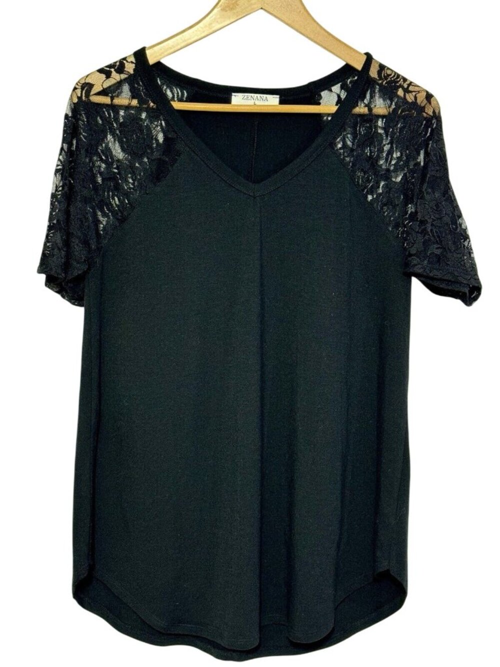 Zenana Outfitters Premium Floral Lace Sleeve Trim Slide Slit Tunic Blouse Size L